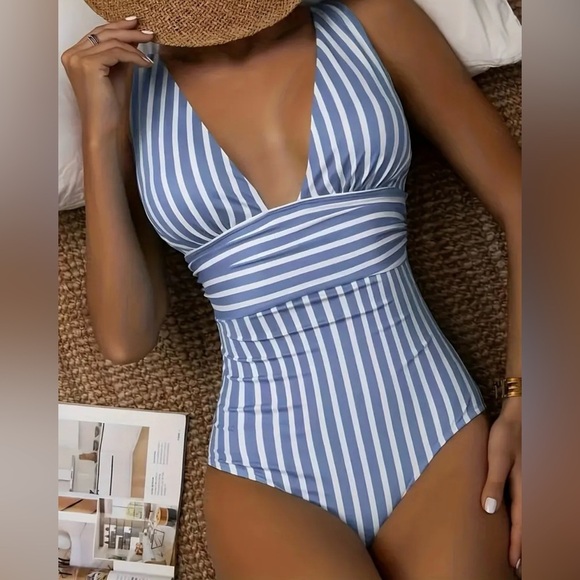 Blue White Deep V Tummy Control Swimsuit - Picture 3 of 9